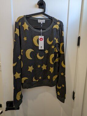 Wildfox Star & Moon Long Sleeve Gray and Gold Pullover Sweatshirt S
